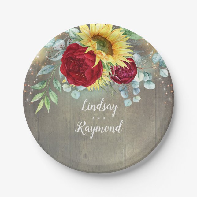 Sunflowers and Burgundy Red Roses Rustic Country Paper Plates (Front)