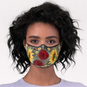 Sunflowers and Burgundy Red Roses Rustic Country Premium Face Mask