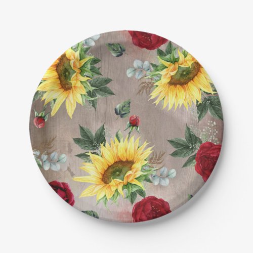 Sunflowers and Burgundy Red Roses Rustic Fall Paper Plates