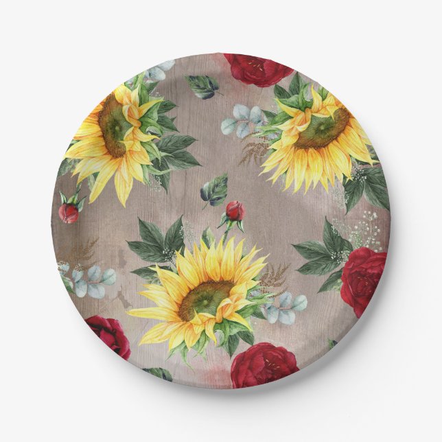 Sunflowers and Burgundy Red Roses Rustic Fall Paper Plates (Front)