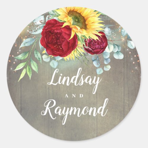 Sunflowers and Burgundy Red Roses Rustic Wedding Classic Round Sticker