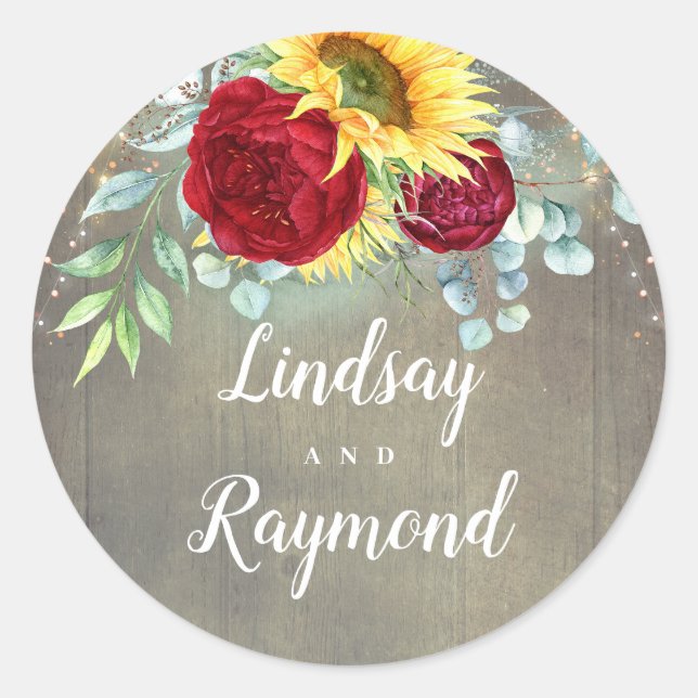 Sunflowers and Burgundy Red Roses Rustic Wedding Classic Round Sticker (Front)