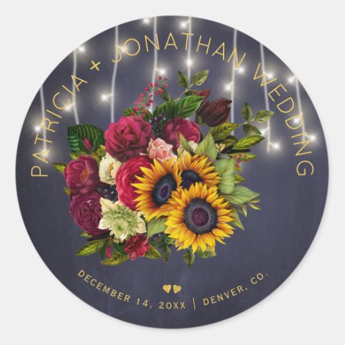 Sunflowers and burgundy roses rustic navy wedding classic round sticker