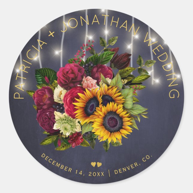 Sunflowers and burgundy roses rustic navy wedding classic round sticker (Front)