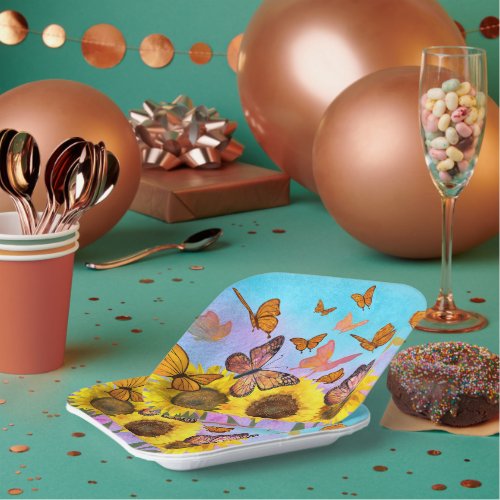 Sunflowers and Butterflies Colorful Yellow Brown Paper Plates