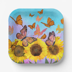 Sunflowers and Butterflies Colorful Yellow Brown Paper Plates