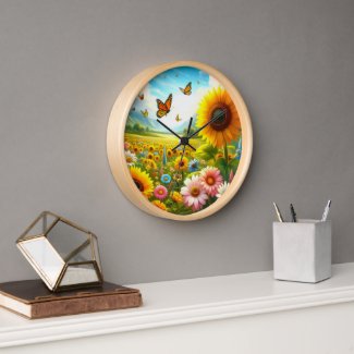 Sunflowers and Butterflies Floral Wall Clock