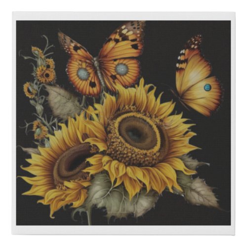 Sunflowers and butterflies on a black background faux canvas print