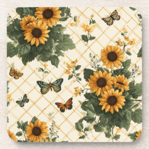 Sunflowers and Butterflies on Light Yellow Beverage Coaster