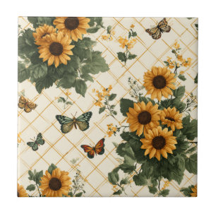 Sunflowers and Butterflies on Light Yellow Ceramic Tile