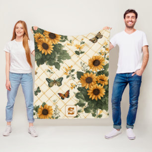 Sunflowers and Butterflies on Light Yellow Fleece Blanket