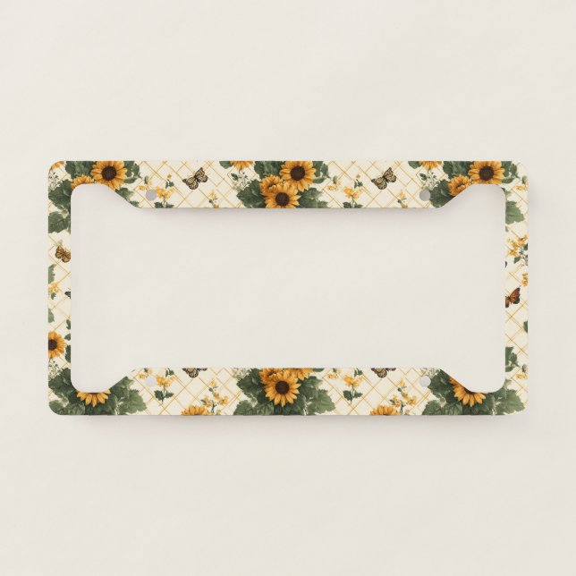 Sunflowers and Butterflies on Light Yellow License Plate Frame (Front)
