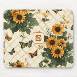 Sunflowers and Butterflies on Light Yellow Mouse Pad