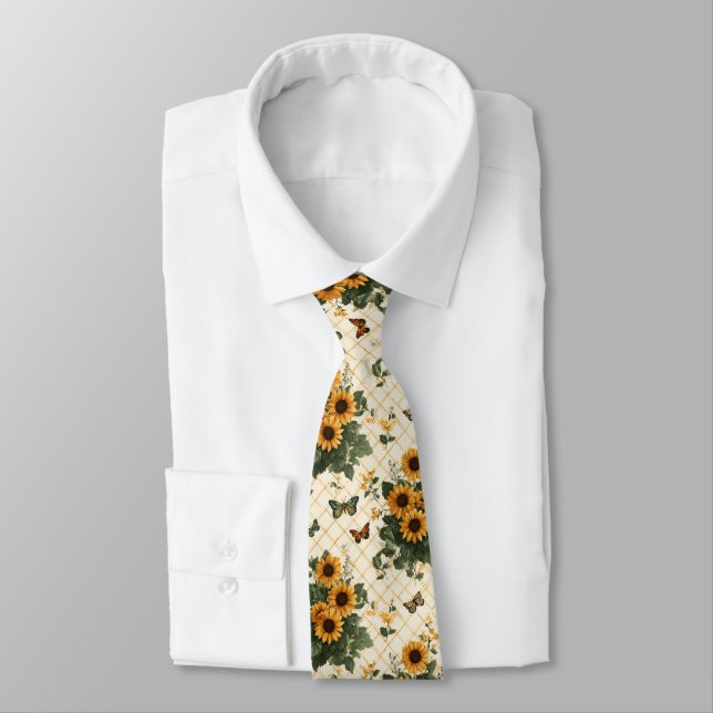 Sunflowers and Butterflies on Light Yellow Neck Tie (Tied)