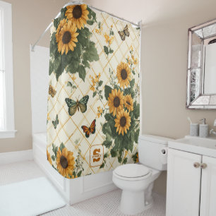 Sunflowers and Butterflies on Light Yellow Shower Curtain
