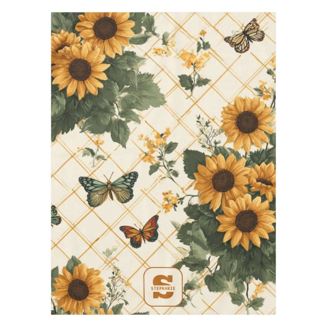 Sunflowers and Butterflies on Light Yellow Tablecloth (Front)