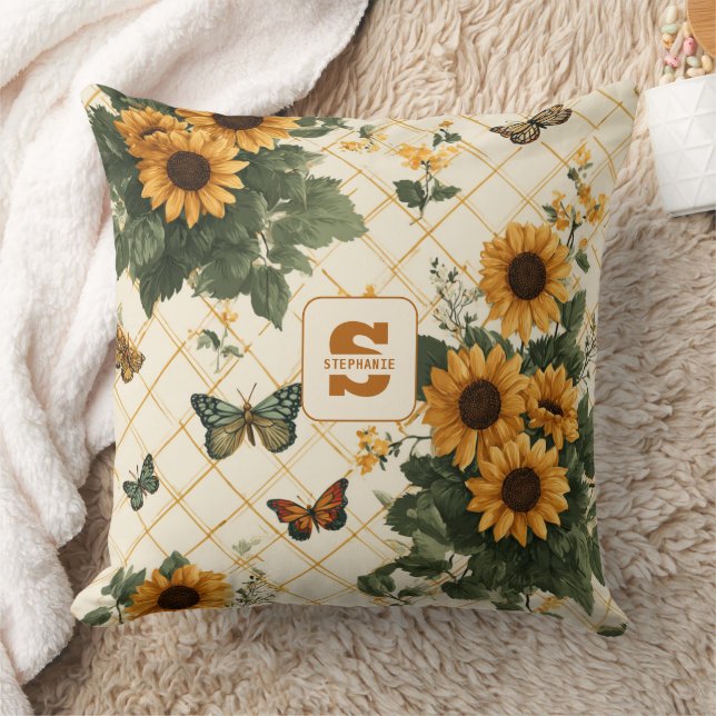 Sunflowers and Butterflies on Light Yellow Throw Pillow (Blanket)