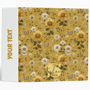 Sunflowers and Butterflies on Yellow Background 1 3 Ring Binder