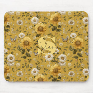 Sunflowers and Butterflies on Yellow Background 1 Mouse Pad