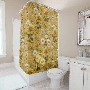 Sunflowers and Butterflies on Yellow Background 1 Shower Curtain