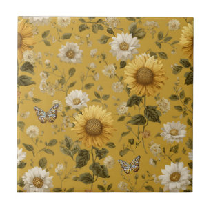 Sunflowers and Butterflies on Yellow Background Ceramic Tile