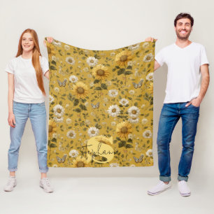 Sunflowers and Butterflies on Yellow Background Fleece Blanket