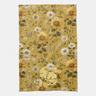 Sunflowers and Butterflies on Yellow Background Kitchen Towel