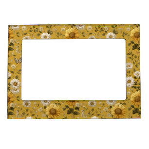 Sunflowers and Butterflies on Yellow Background Magnetic Frame