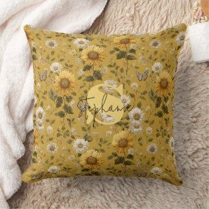 Sunflowers and Butterflies on Yellow Background Throw Pillow