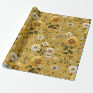 Sunflowers and Butterflies on Yellow Background Wrapping Paper