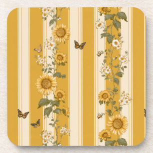 Sunflowers and Butterflies on Yellow Stripes (2) Beverage Coaster