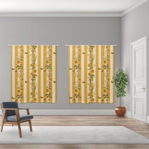 Sunflowers and Butterflies on Yellow Stripes (2) Blackout Curtains
