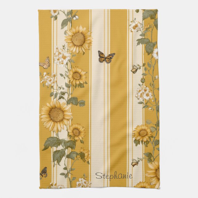 Sunflowers and Butterflies on Yellow Stripes (2) Kitchen Towel (Vertical)