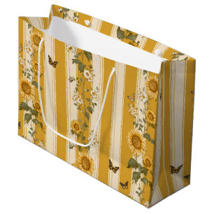 Sunflowers and Butterflies on Yellow Stripes (2) Large Gift Bag