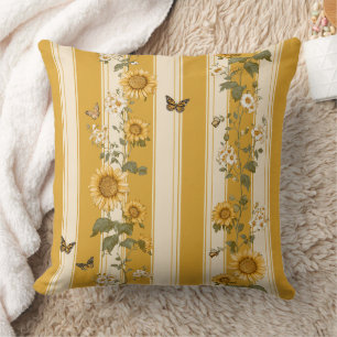 Sunflowers and Butterflies on Yellow Stripes (2) Throw Pillow