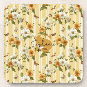 Sunflowers and Butterflies on Yellow Stripes (3) Beverage Coaster