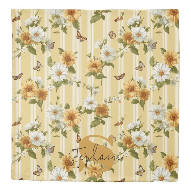 Sunflowers and Butterflies on Yellow Stripes (3) Duvet Cover (Back)