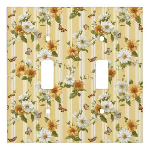 Sunflowers and Butterflies on Yellow Stripes (3) Light Switch Cover