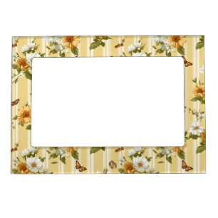 Sunflowers and Butterflies on Yellow Stripes (3) Magnetic Frame
