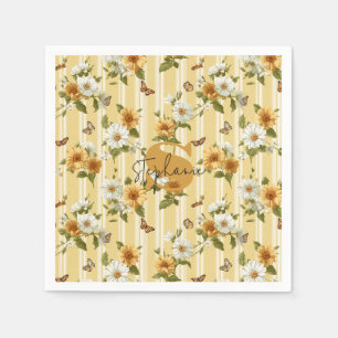 Sunflowers and Butterflies on Yellow Stripes (3) Napkins