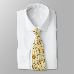 Sunflowers and Butterflies on Yellow Stripes (3) Neck Tie