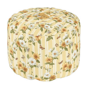 Sunflowers and Butterflies on Yellow Stripes (3) Pouf