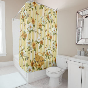 Sunflowers and Butterflies on Yellow Stripes (3) Shower Curtain