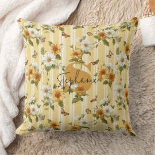 Sunflowers and Butterflies on Yellow Stripes (3) Throw Pillow