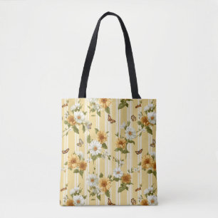 Sunflowers and Butterflies on Yellow Stripes (3) Tote Bag