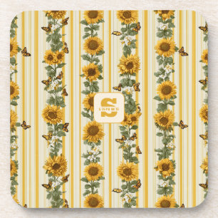 Sunflowers and Butterflies on Yellow Stripes Beverage Coaster