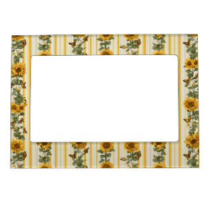 Sunflowers and Butterflies on Yellow Stripes Magnetic Frame