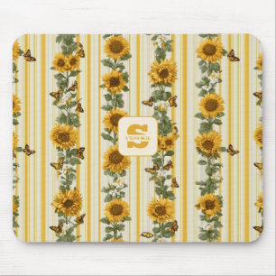 Sunflowers and Butterflies on Yellow Stripes Mouse Pad