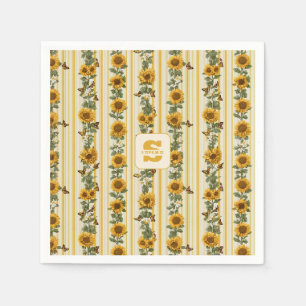 Sunflowers and Butterflies on Yellow Stripes Napkins