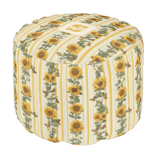 Sunflowers and Butterflies on Yellow Stripes Pouf
